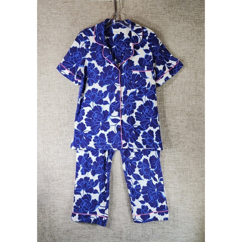 BedHead Bold Floral Pajama Set Womens M Blue White Short Sleeve Top Crop Pant
